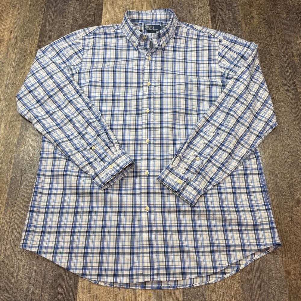 Polo Ralph Lauren Mens XL Classic Fit Blue White Plaid Button Down Shirt Cotton